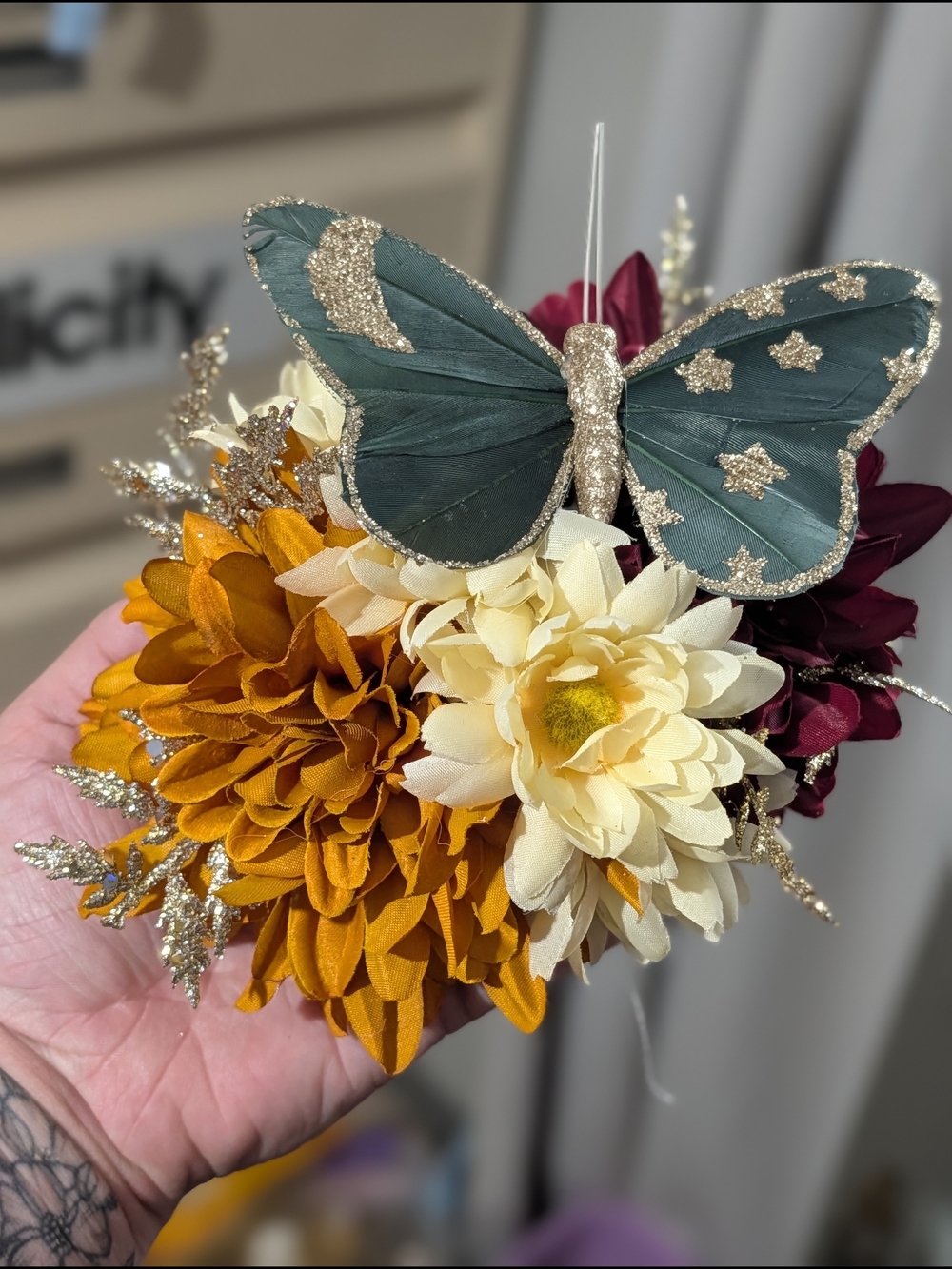 Sparkling Teal Butterfly Floral Hair Pick with Mustard & Cream Blooms